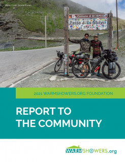 Warmshowers.org Foundation 2021 Report to the Community cover featuring 2 bicyclists on a road trip