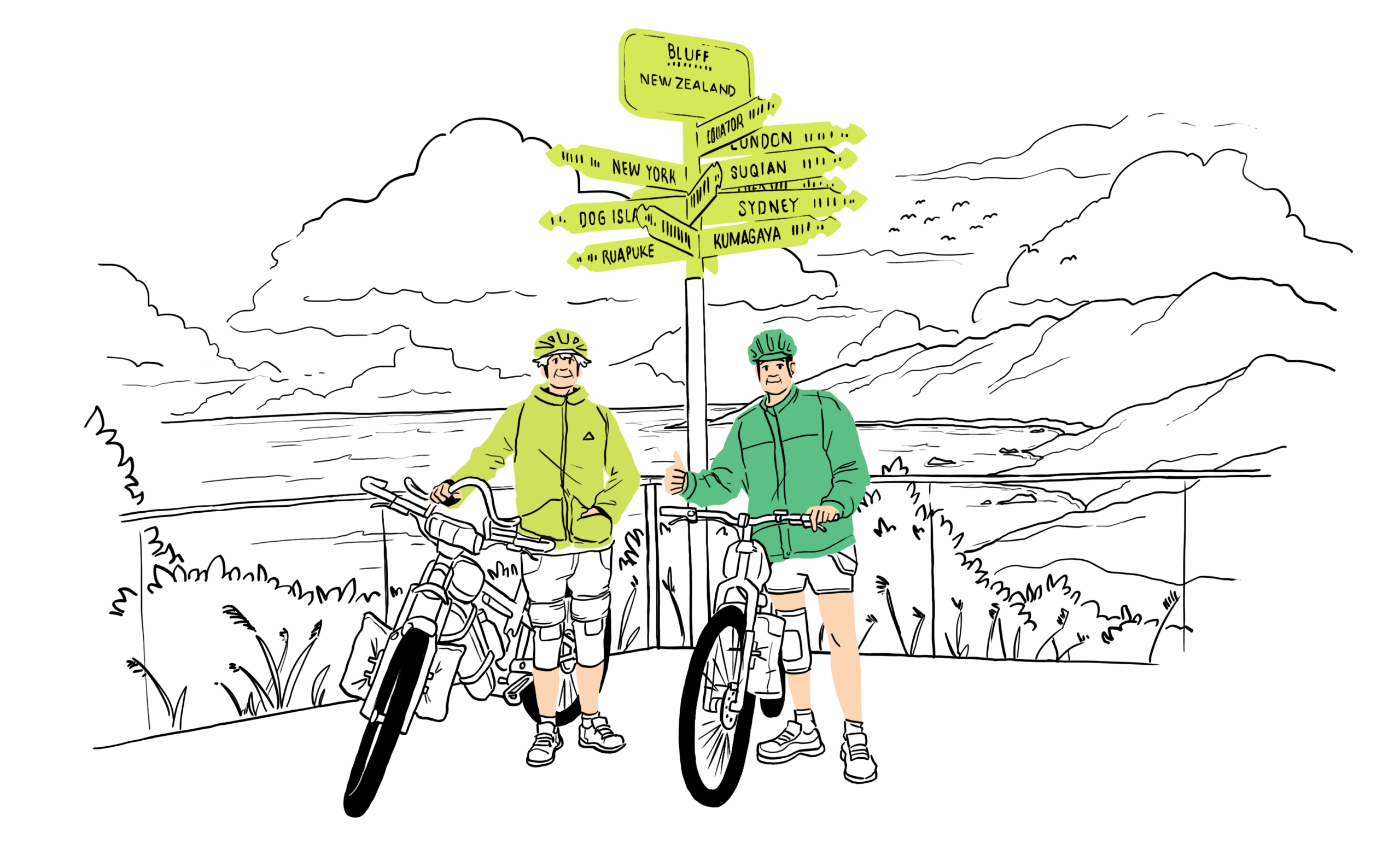 Cyclists standing underneath signs